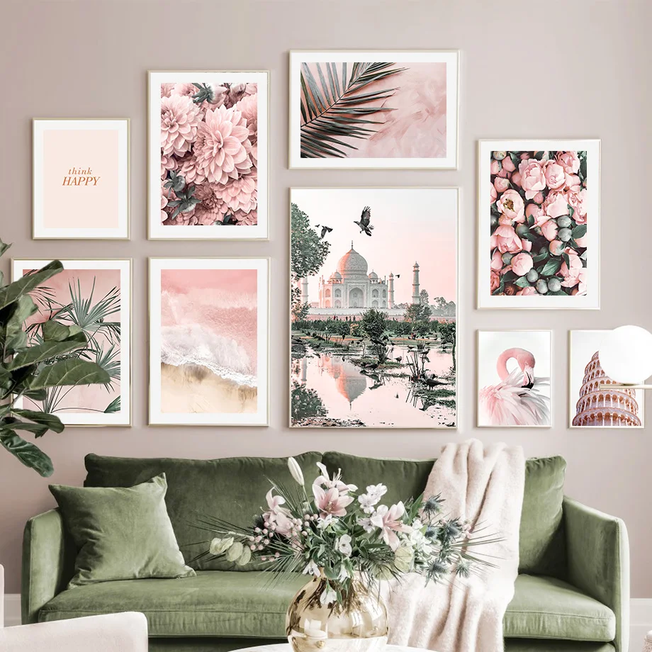 Canvas Painting Pink Bloom Peony Flower Palm Leaf Flamingo Mosque Posters And Prints Living Room Home Decor Wall Art Pictures