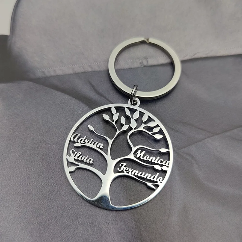 Tree of Life Pendant Keychain with 1-9 Names Stainless Steel Custom Women Jewelry Key Rings Personalized Boyfriend Gifts Llavero