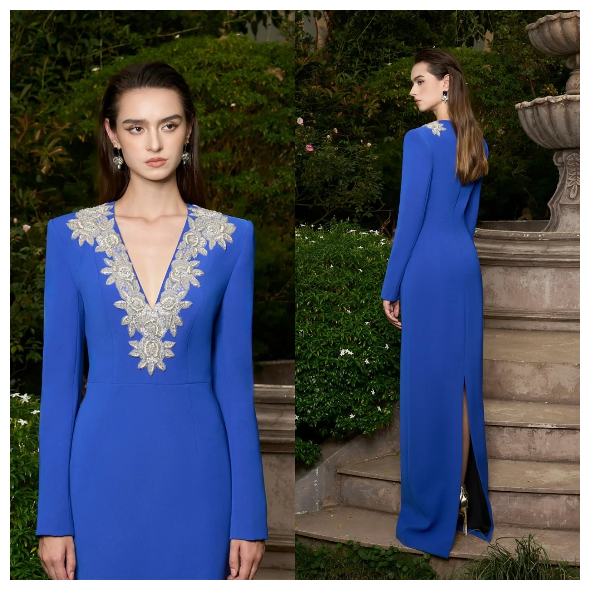Customized High Quality Blue Jersey Evening Dress V-Neck Long Sleeves Celebrity Gowns Bespoke Occasion Gowns Appliques Modern