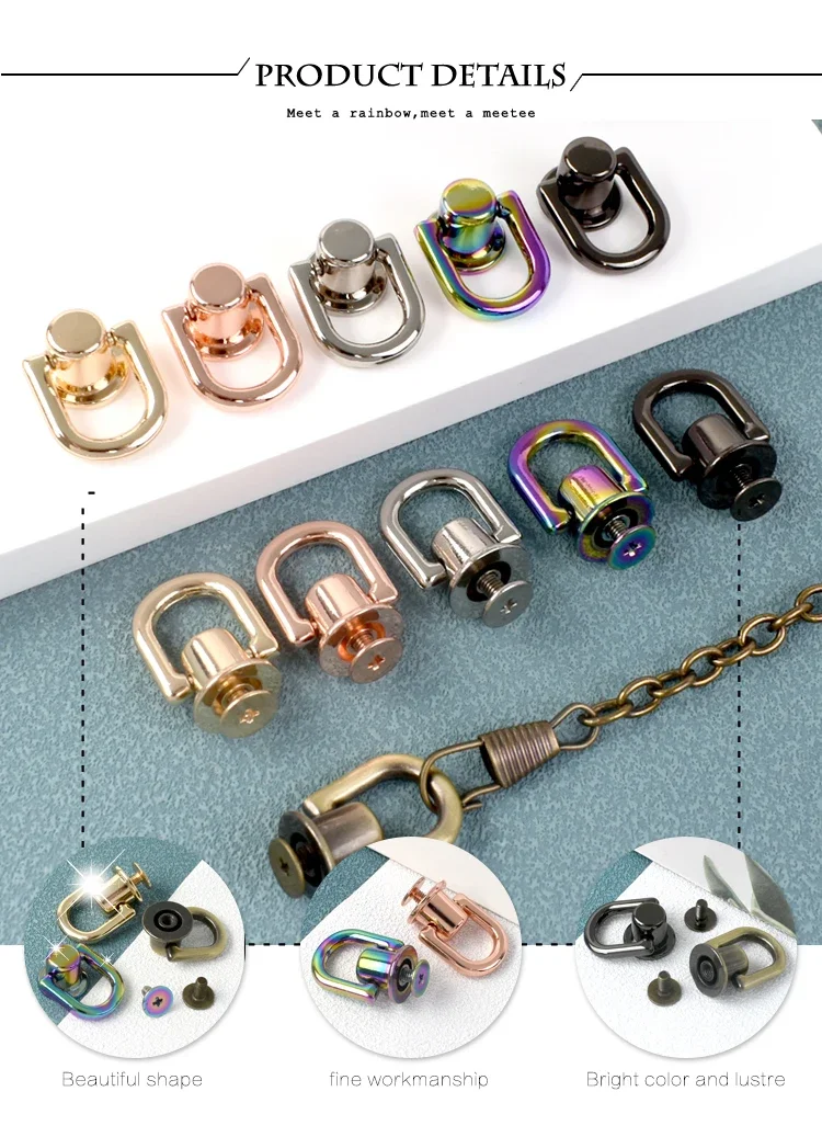 4/10/20Pcs 10mm Metal D Ring Screw Rivet Stud Bag Side Hanger Strap Chain Connector for Handbag Purse DIY Hardware Accessories