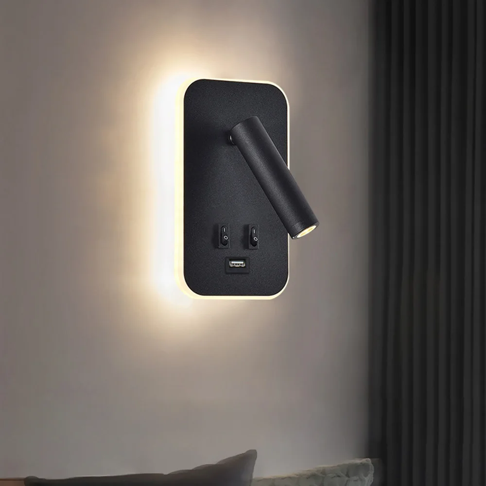 New Nordic Minimalist Wall Lamp Hotel Interior LED Reading Light Corridor Bedroom USB Charging Bedside Decorate Wall Lamp 220V