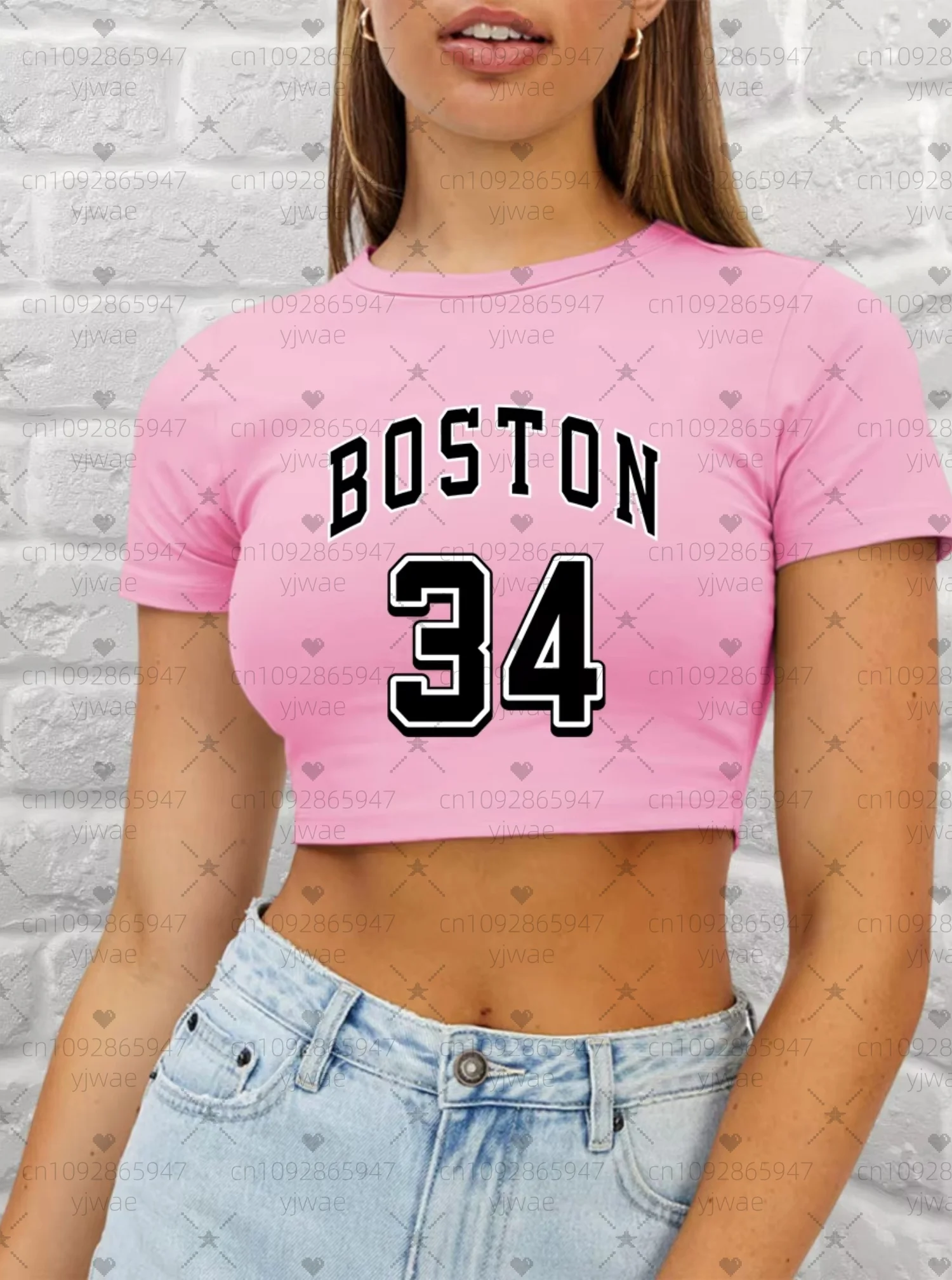 2025年夏新作 レディース ボストン NO.34 プリント カジュアル クロップド ショート丈 Tシャツ グラフィックTシャツ ラウンドネック カジュアル ショート丈トップス