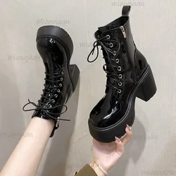 女性用防水アンクルブーツ,厚手のハイヒールアンクルブーツ,レースアップ,ファッショナブル,秋冬,9cm