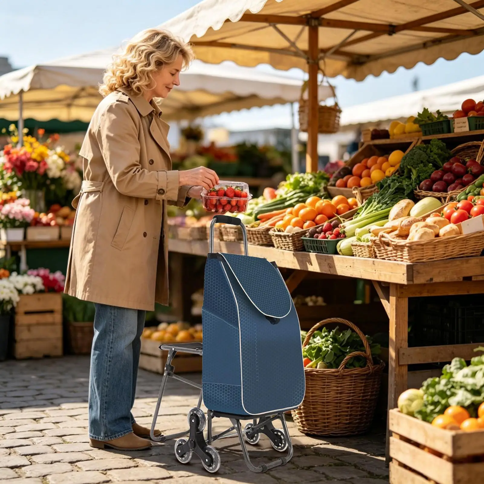 Grocery Cart On Wheels 3-Wheeled Foldable Waterproof Portable Trolley Foldable Shopping Cart For Elderly Stair Apartment Market