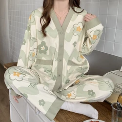 Green Flower Women Pajama Set Autumn Winter Long Sleeves Long Pants Cute Sleepwear Kawaii Pyjamas Soft Pijamas Cozy Pjs Comfy Pj