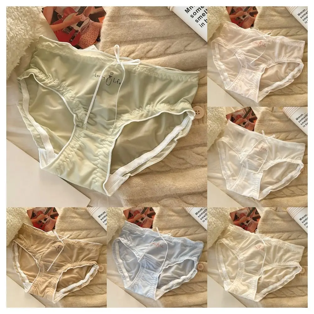 Letter Print Ice Silk Panties Ribbon Bow Female Underwear Ruffle Satin Briefs Solid Color Cotton Crotch Women's Underpants