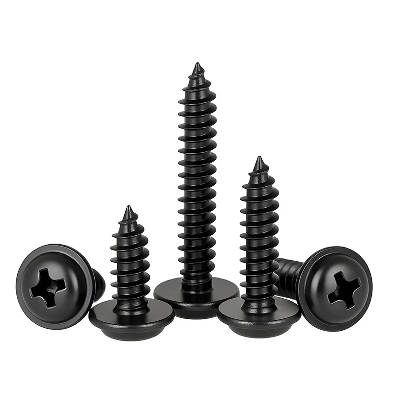 10-100pcs M2 M2.6 M3 M4 M5 Black 304 Stainless Steel Phillips Cross Round Head Self Tapping Screw Self-tapping Screws With Pad