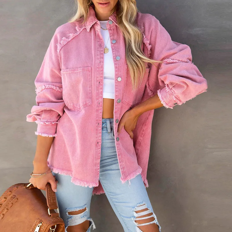 2023 Autumn Women\'s Fashion Denim Washed Raw Edge Mid-length Loose Women