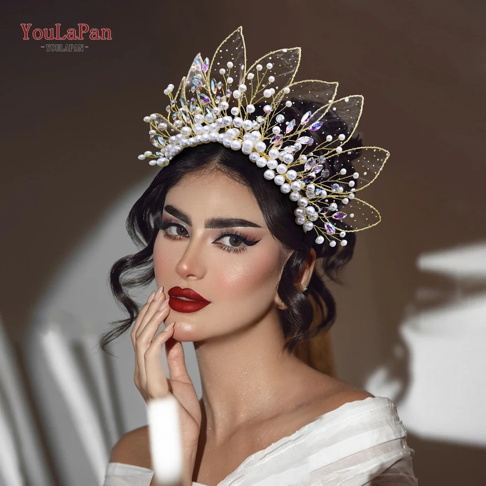 YouLaPan Crown Tiara For Bridal Colorful Rhinestone Hair Hoop Women Hair Accessoriess Faux Pearls Headwear Bride Headdress HP670