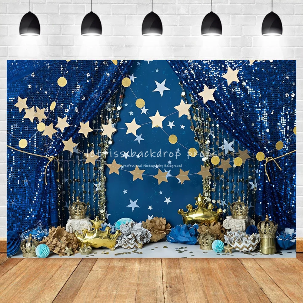 Prince Charming Backdrops Kids Cake Smash Props Blue Curtains Golden Stars Decors Baby Boy Child 1st Birthday Party Background