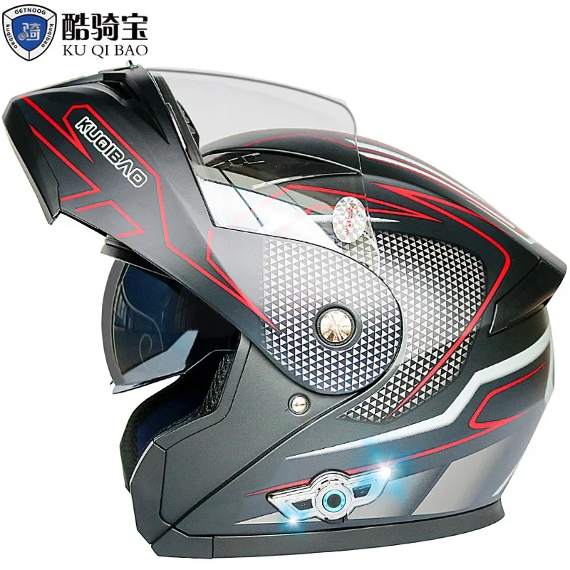 KUQIBAO Men's Motorcycle Helmet Built-In Bluetooth Headset Flip Up Moto Helmet Double HD Anti-Fog Lens ABS Material DOT Approval