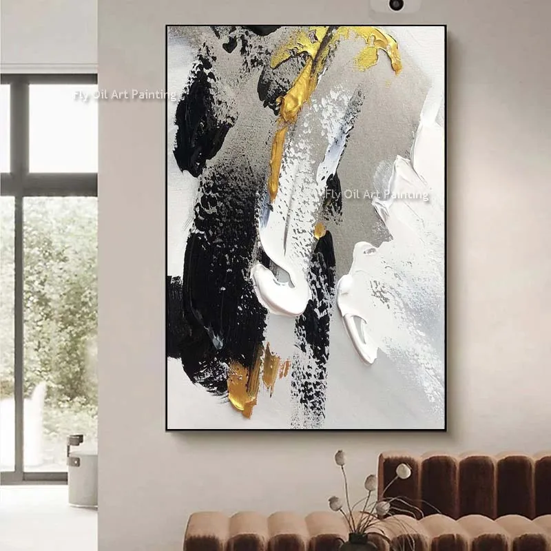 

Modern Abstract Black Gray White Oil Painting Handmade Texture Thick Canvas Art For Decor Unframed Abstract Art As Best Gift