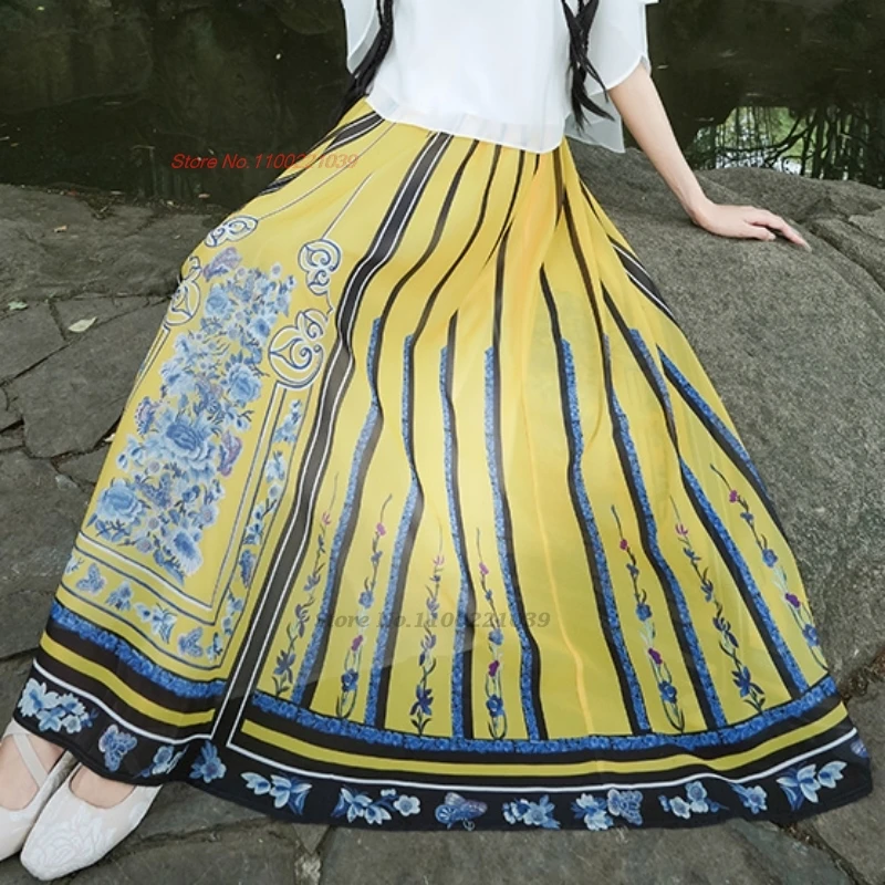 2025 chinese vintage skirt national flower print chiffon skirt traditional elastic waist a-line skirt ethnic folk dance suit