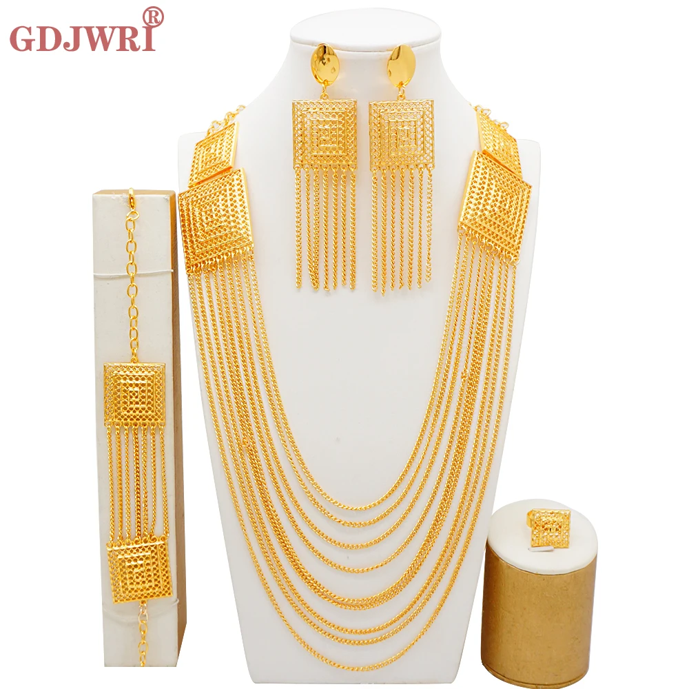 

Fine Dubai Gold Color Bridal Jewelry Set For Women African India Long Chain Tassels Necklace Bracelet Earrings Ring Sets Gift