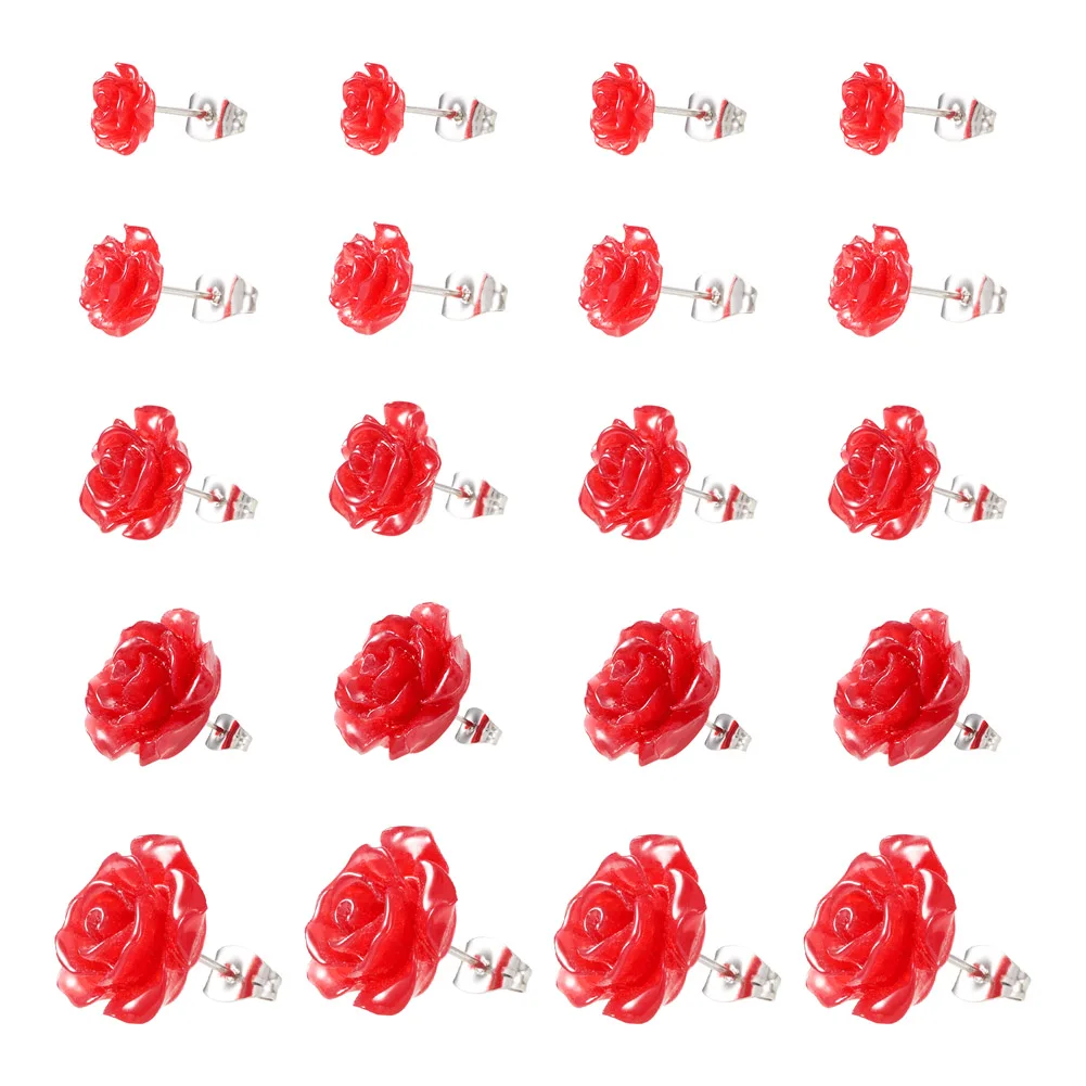 50Pcs Resin Red Rose Flower Stud Earrings 5 Size with 316 Stainless Steel Pins Friction Ear Nuts for Women Friends Fashion Gifts