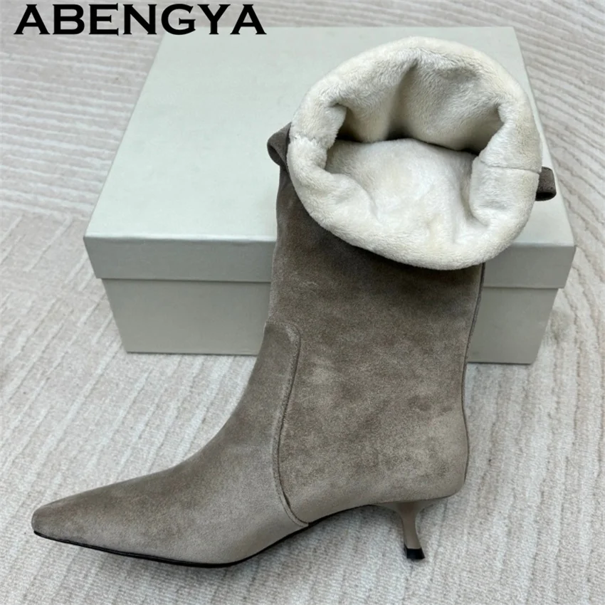 Wool Inside Suede Knee High Boots Women Pointy Toe Kitten Heels Fashion Week Boots Winter Sexy Slim Close-fitting Chelsea Boots