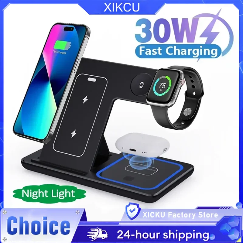 

30 Вт светодиодное быстрое беспроводное зарядное устройство, подставка 3 в 1, складная зарядная станция для iPhone 17 16 15 14 13 Apple Watch 9 8 7 6 5 Airpods Pro