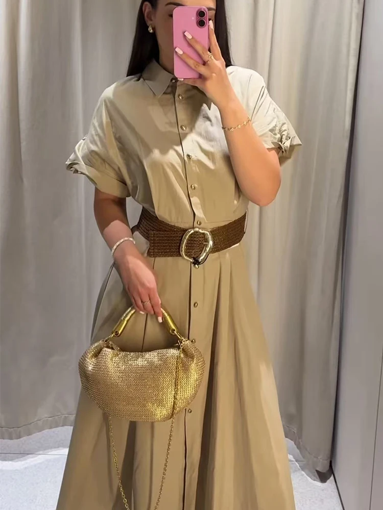 Neues Damen Kurzarm Midikleid mit Gürtel Einreihiges Hemdkleid mit Taschen Modisches Vintage Casual Damen-Outfit