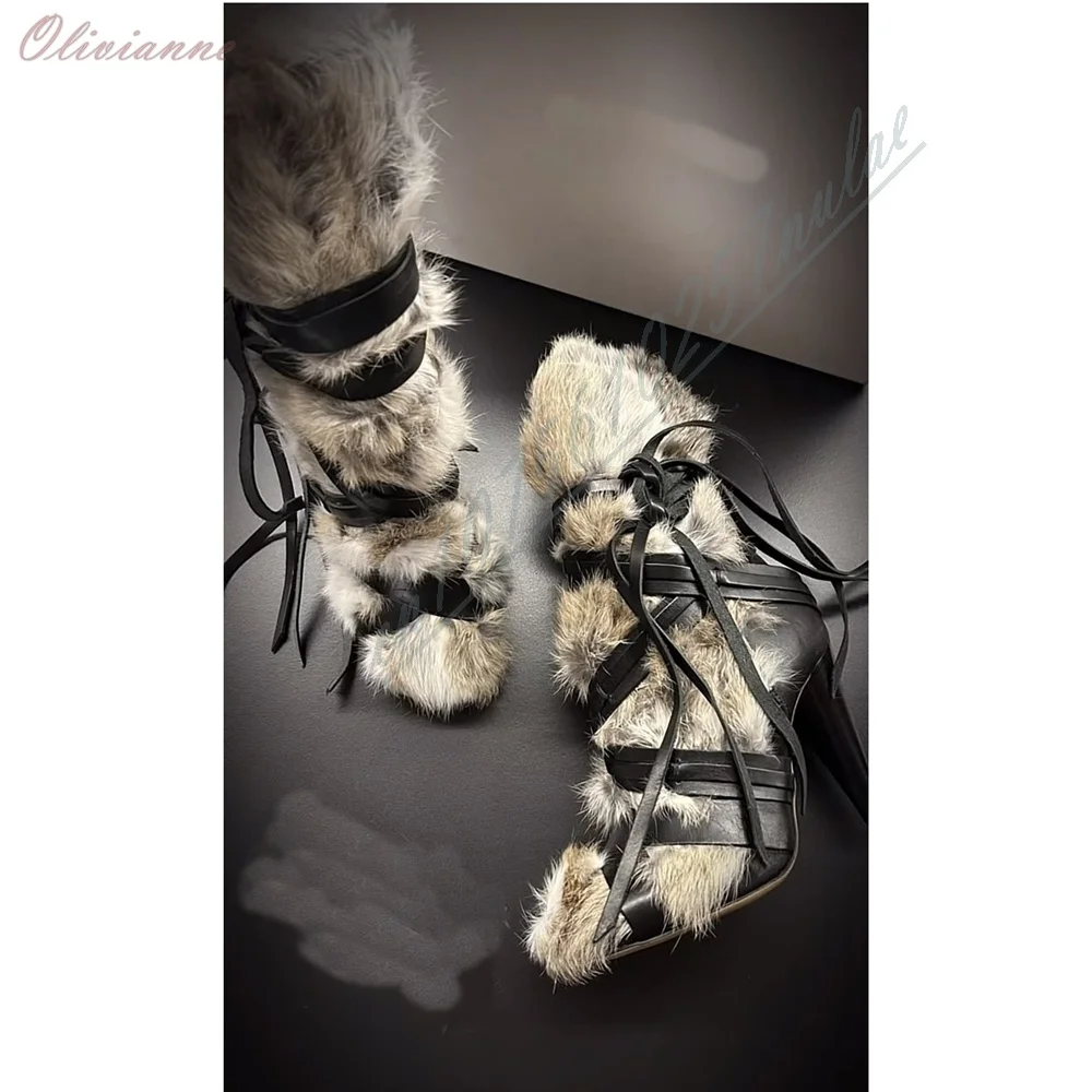 Fashion Ladies Multi‑Color Furry Mid‑Calf Boots Open Toe Cross Knotted Straps Thin Stiletto Heel Retro Street Photoshoot Boots