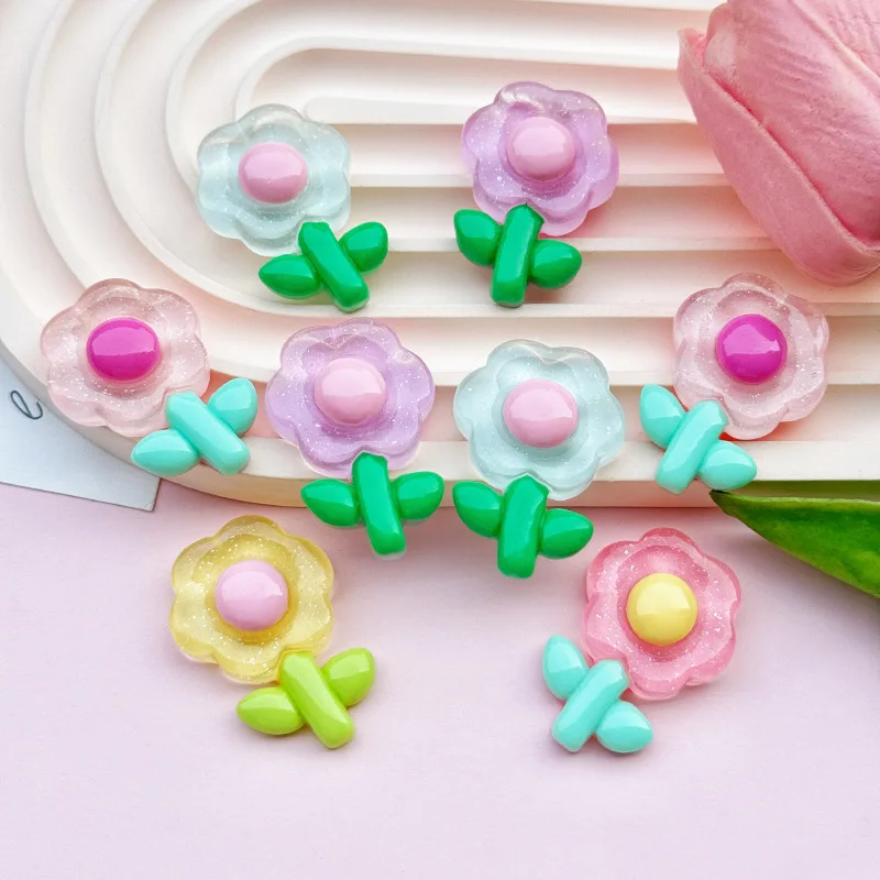 5pcs 반투명 반짝이 꽃 시리즈 수지 DIY 쥬얼리 액세서리 휴대 전화 케이스 구멍 신발 플랫 백 머리핀 헤어 액세서리