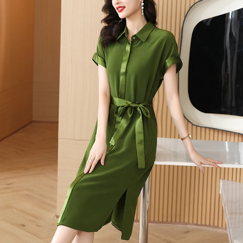 

Summer New 2023 Short Sleeve Suit Collar French Light Mature Retro Fashion Waist Tie Up Solid Color Mid length Dress for Women