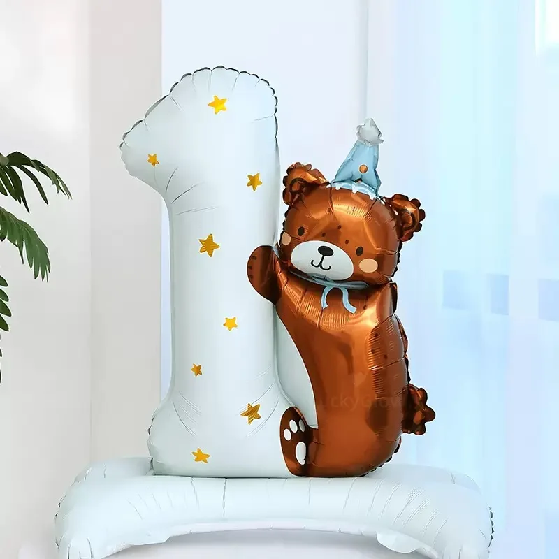 1. Geburtstag Bären-Ballon-Set Große Nummer 1 Bären-Folienballon mit Standfuß für Baby Mädchen Junge 1. Geburtstagsparty Dekoration – Detail 4