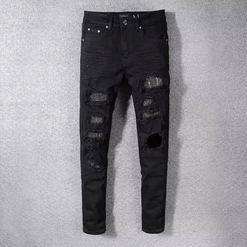 

Jeans for Man Original 2025 High Street New Black Ripped Patch Jeans Men's Brand Elastic Slim-fit Small Feet Pants Skinny Jeans