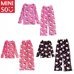 Sanrio Hello Kitty Kawaii Loungewear Set Loose Flannel Ladies Pajama Pants Girl Autumn Women Casual Cute Home Clothing