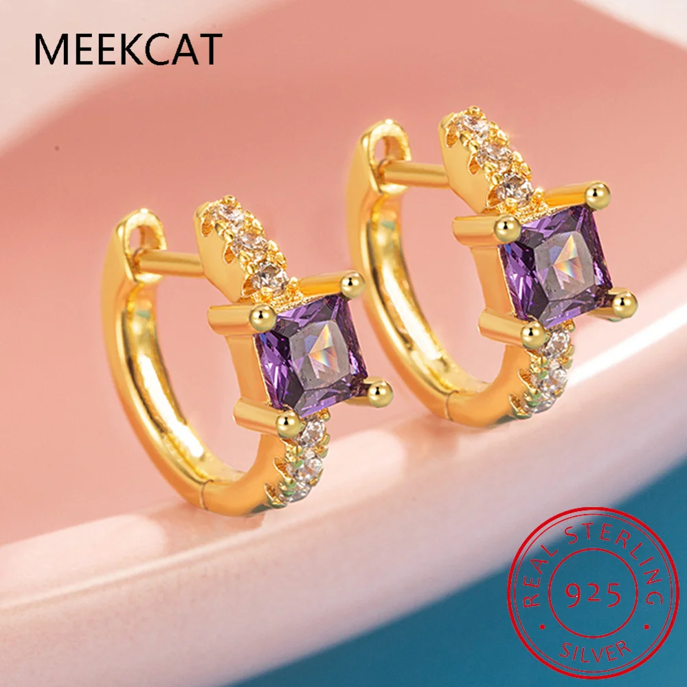 Square Natural Purple Amethyst 925 Sterling Silver Geometric Hoop Earring for Women Princess Cut Gemstone Jewelry Wedding Gift view 2