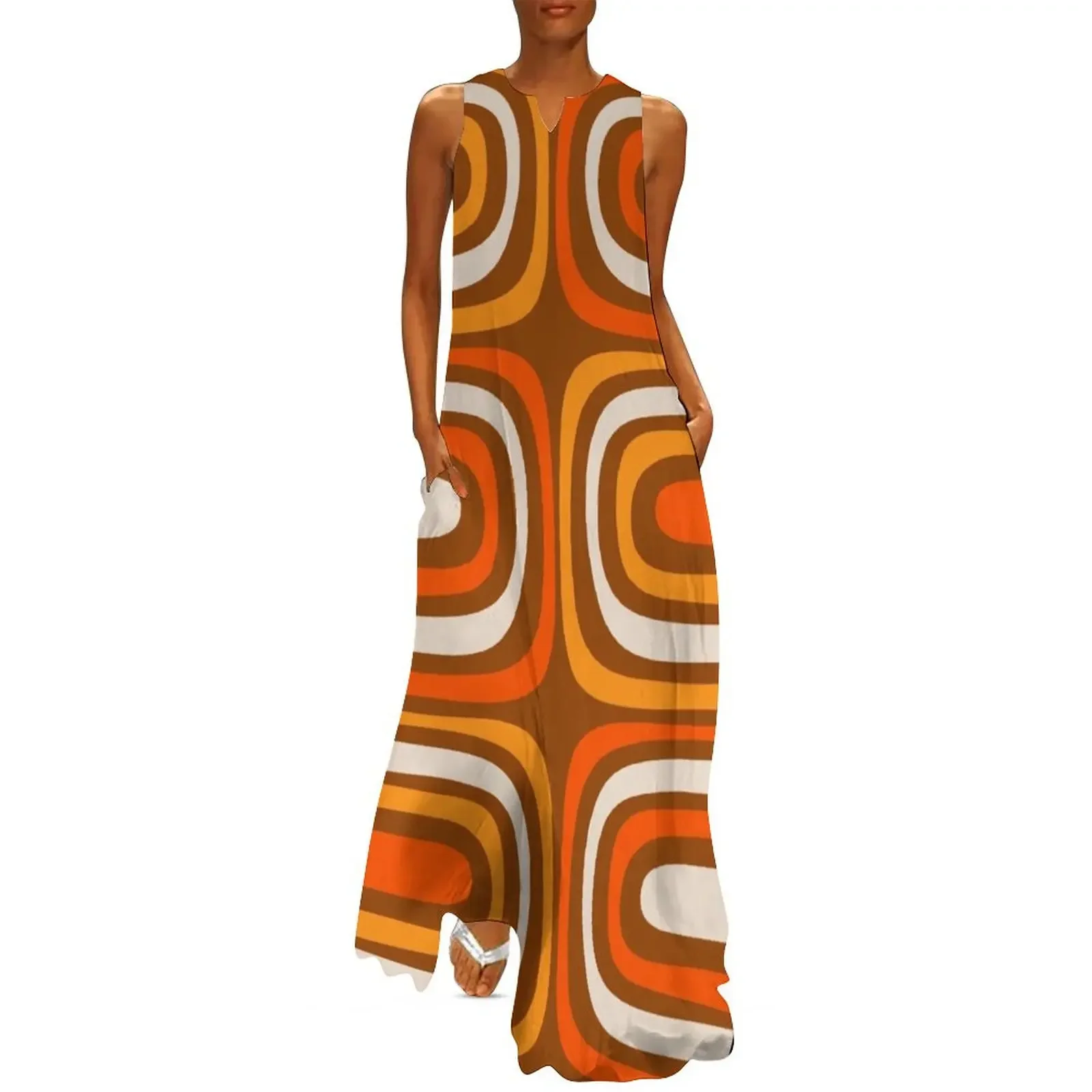 

Midcentury Modern Confaab Abstract Vertical Pattern in Retro 70s Light Brown and Orange Long Dress dresses for woman 2025 Dress