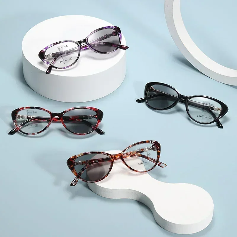 Ladies Fashion Multifocal Presbyopia Glasses Luxury Cat Eye Outdoor Anti-UV Eyeglasses Prescription Photochromic Bifocal Eyewear