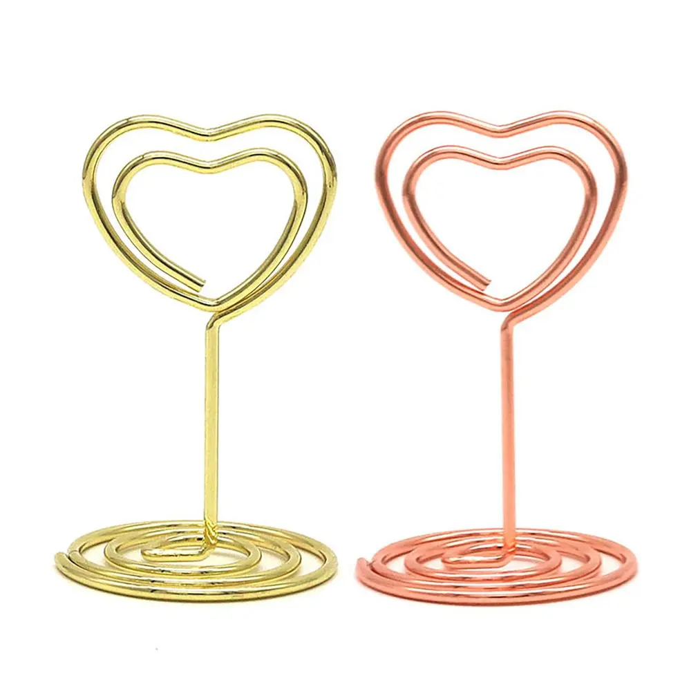 1pcs Duplo Coração Forma Metal Memo Titular Tabela Placecard Titular Foto Clip Card Stand Casamento Banquete Coração Mensagem Titular