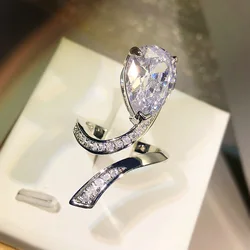 Fashion Design Ladies Silver Color Water Drop White Zircon Adjustable 925 Stamp Rings Female Wedding Engagement Jewelry Gift