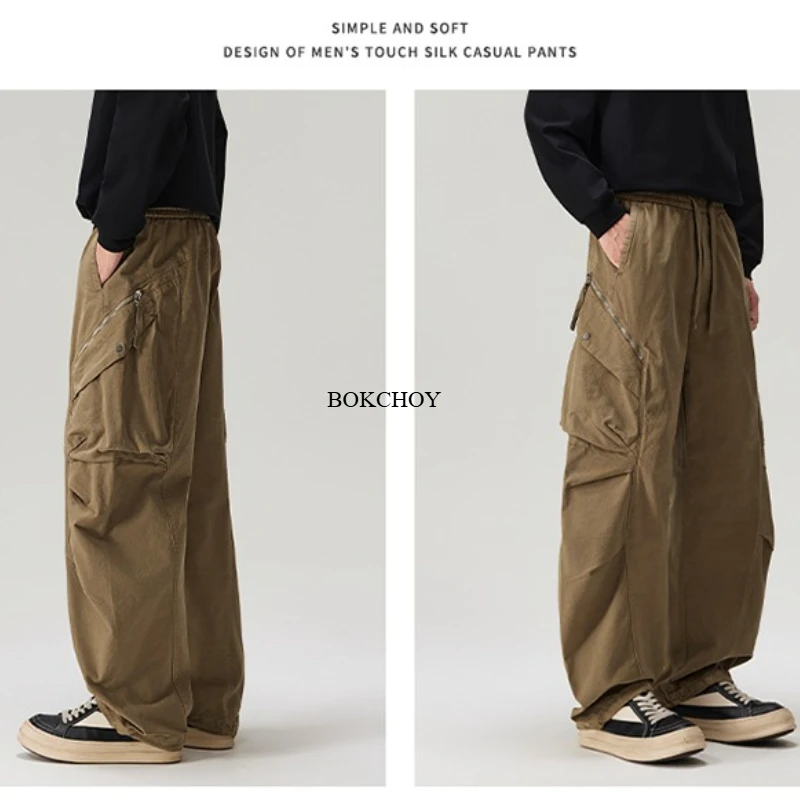 2026 Autumn New 100% Cotton Vintage Straight Cargo Pants for Men Clothing Big Pockets Drawstring Loose Cargo Trousers GF268319 view 4