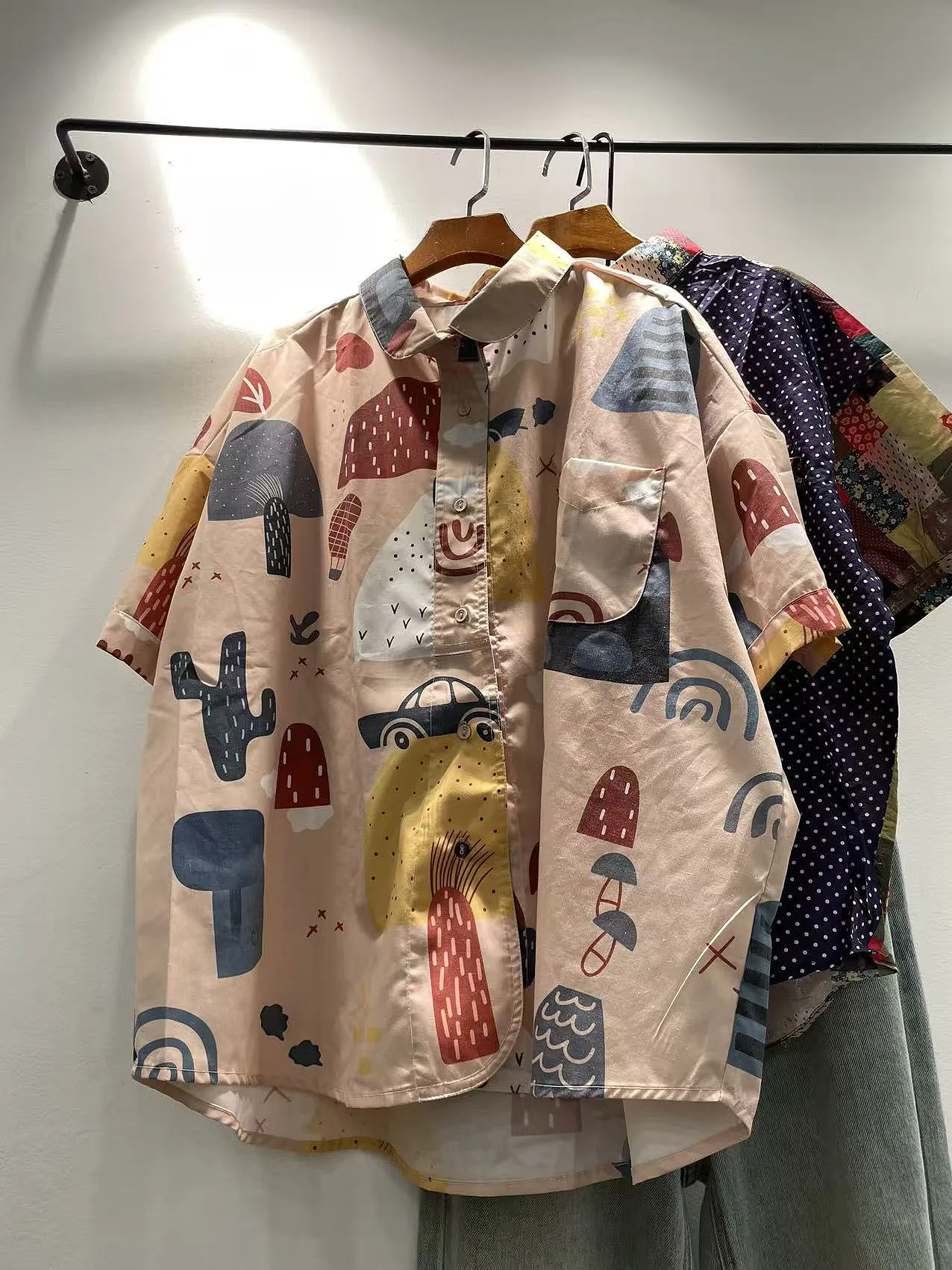 

Retro Print Turn-down Collar Single-button Loose Short-sleeve Women's Shirt Casual Breathable Cotton Fashion for Young Women