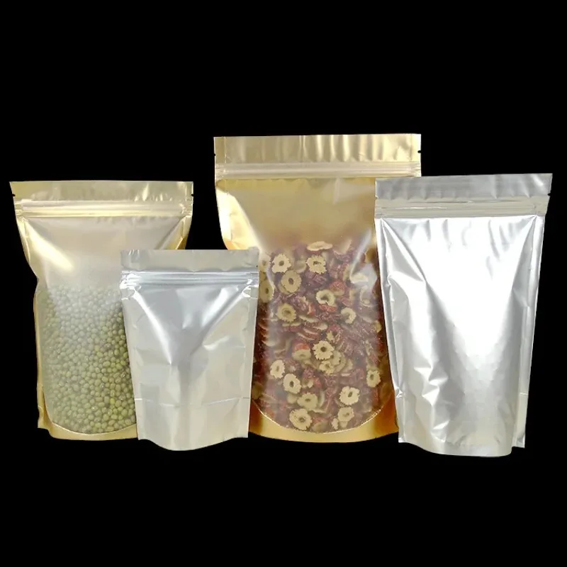 100pcs Stand-Up Gold Foil Zip Bags - One Side Clear Window Resealable Pouches for Coffee Party Favors (Aluminum Lined, Airtight)
