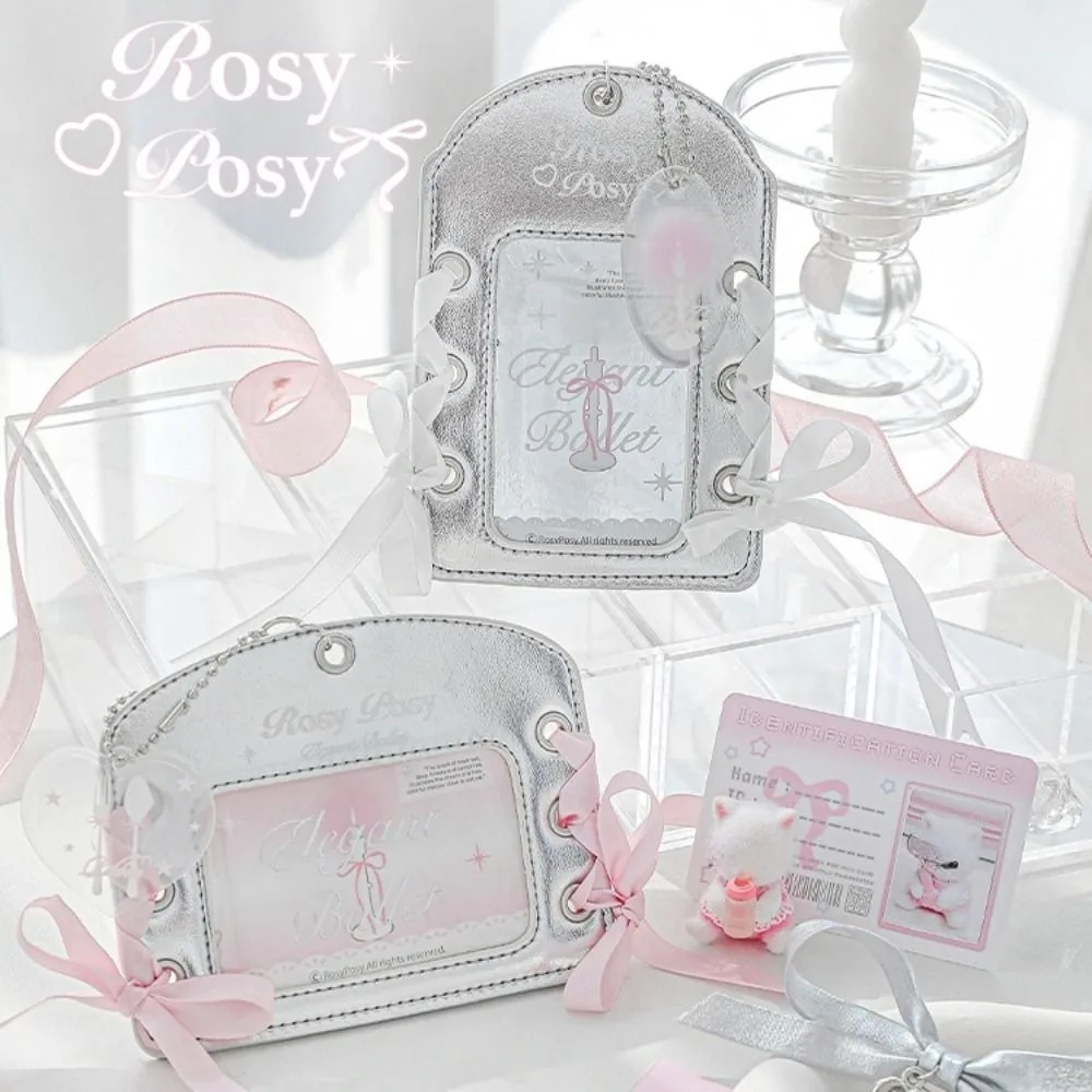 Korean Style Balletcore Idol Photocard Holder Protective Case with Keychain Pendant Ribbon Bow Bus Card Holder PU Leather image 3