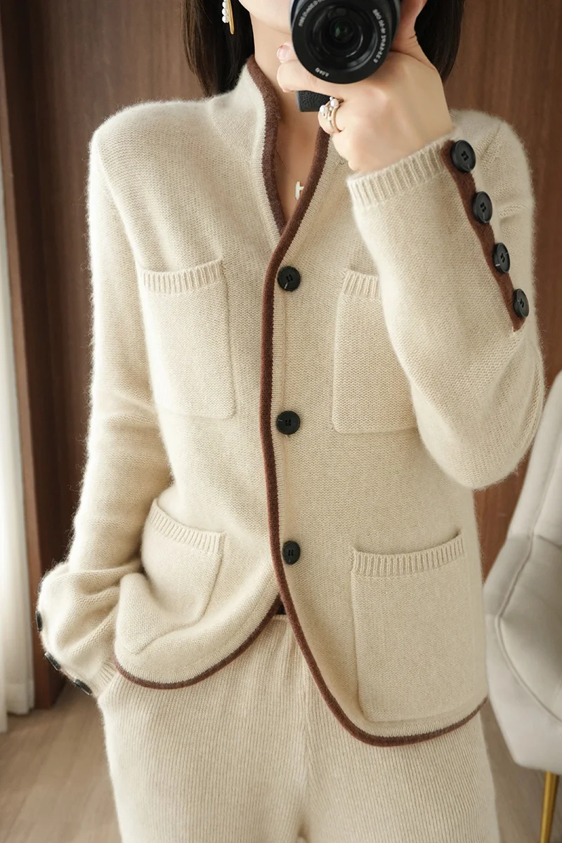 

Autumn and winter new fashion 100% pure wool cardigan with pocket cardigan, casual temperament, loose and thickened knitted jack