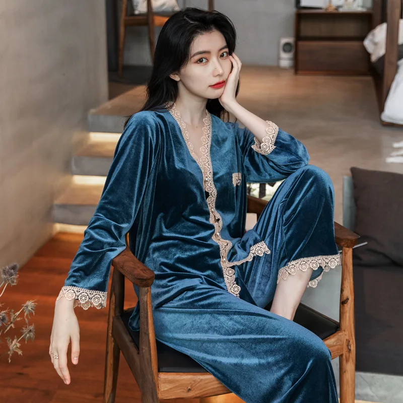 Sexy Velvet Pajama Set for Women - Autumn/Winter Long Sleeve Open Cardigan with Lace Nightgown - Cozy Winter Sleepwear