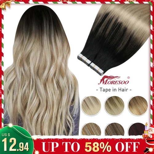 extensiones de cabello Moresoo-Cinta en extensiones de cabello humano, Balayage pelo rubio, Remy, trama de piel Natural y suave, pelo liso sin costuras, degradado estenciones de cabello extensión de cabello natural