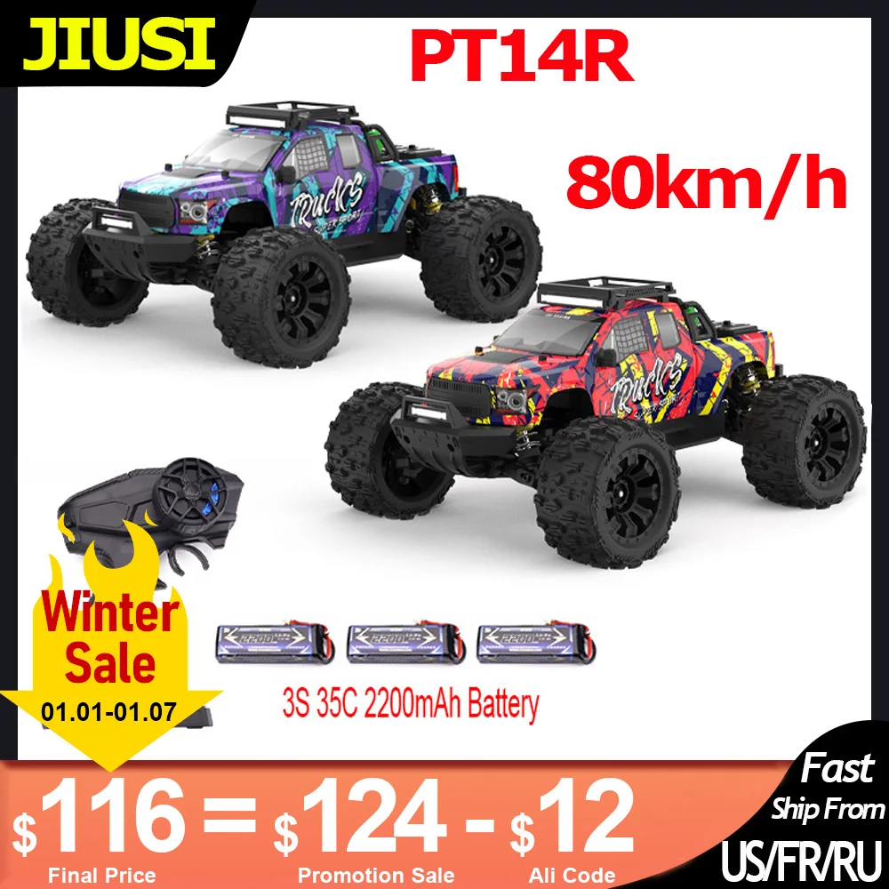 JIUSI PT14R MT14R 1/14 RC Car 4WD 80km/h Brushless 2.4G Remote Control Racing Car 3S 35C 2200mAh High Speed Off-road RC Truck