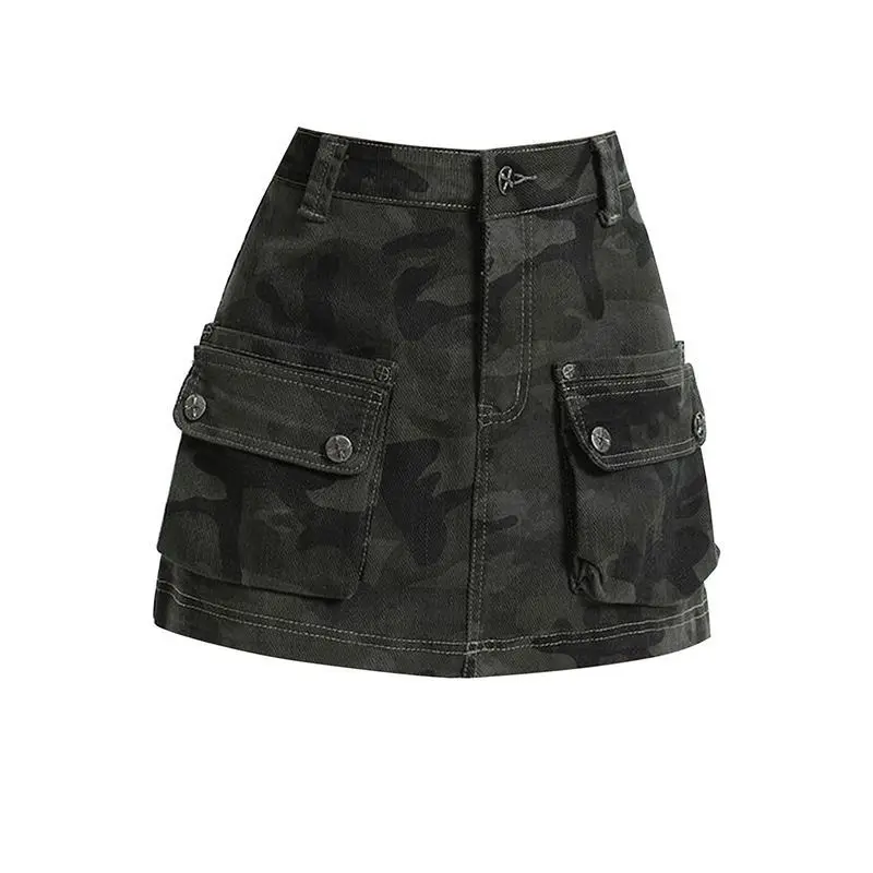 

Джинсовая юбка-униформа в стиле винтаж 2025 года, цвета хаки, с защитной подкладкой, стройнящая, для невысоких женщин, в студенческом стиле.