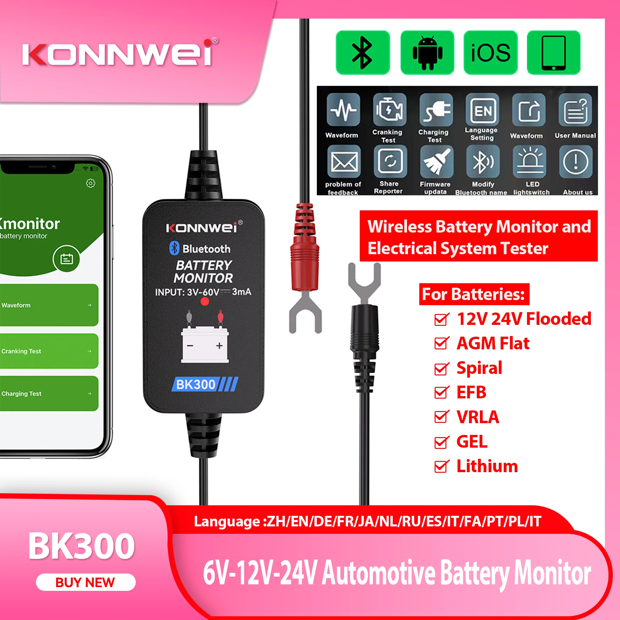 

2025 KONNWEI BK300 Bluetooth Car Battery Monitor Tool 6V/12V/24V Battery Tester with Mobile App for Cars RVs Moto Trucks & Boats