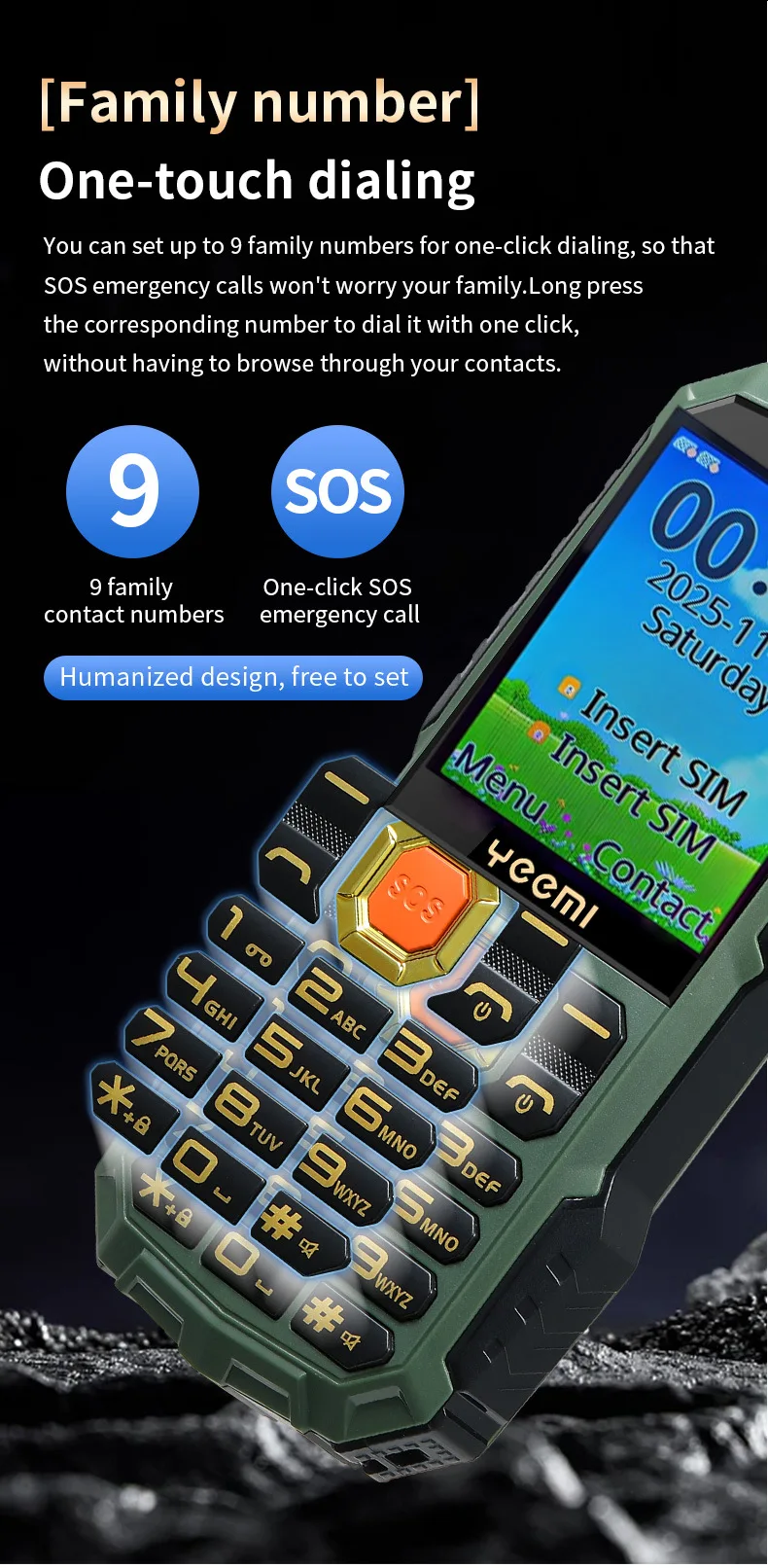 YEEMI Q5 LTE 4G Mobile Phone 2.4'' Screen 3000mAh Dual SIM HD Call Camera FM Double LED Flashlight Type-C Outdoor Button Phone