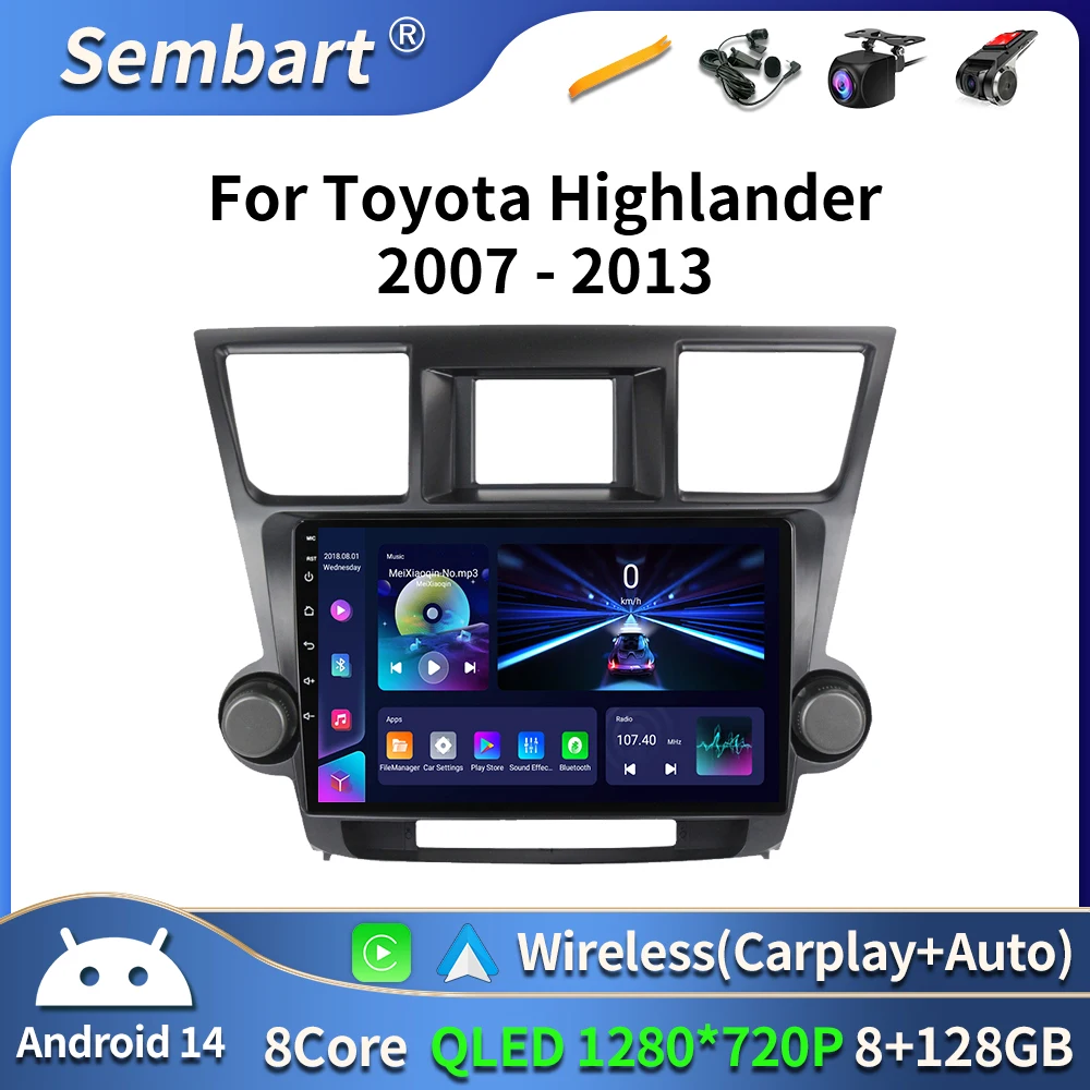 

10" Radio For Toyota Highlander Kluger 2007 - 2014 2 Din Android 14 Car Radio Multimedia Video Player GPS Navigation 4G Carplay