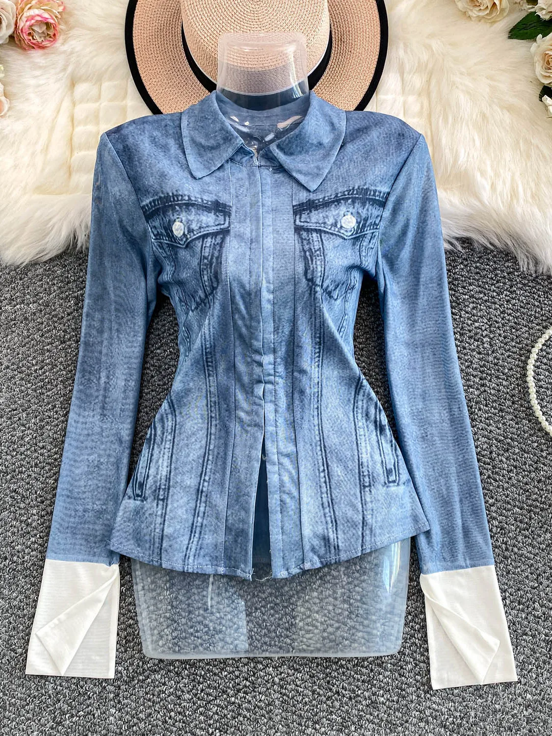 

Элегантная синяя женская рубашка с воротником-стойкой, длинным рукавом, облегающего кроя, с сетчатыми вставками, осенняя модная повседневная одежда, топ на пуговицах