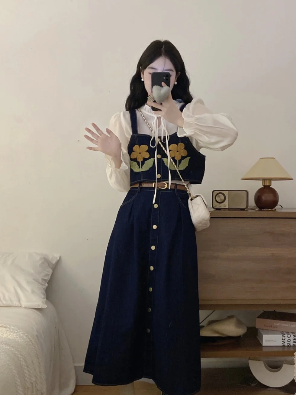 

Комплект для полных женщин: винтажный жилет и юбка с высокой талией в корейском стиле, длинный рукав, V-образный вырез