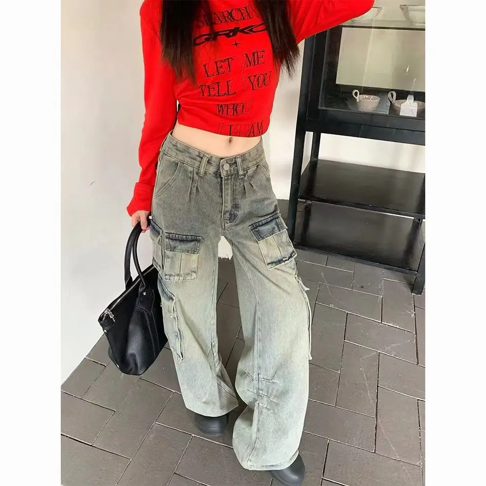 Damskie spodnie dżinsowe w stylu retro, amerykańskie, niebieskie, luźne, z prostymi nogawkami, robocze, modne, długie, z niskim stanem.