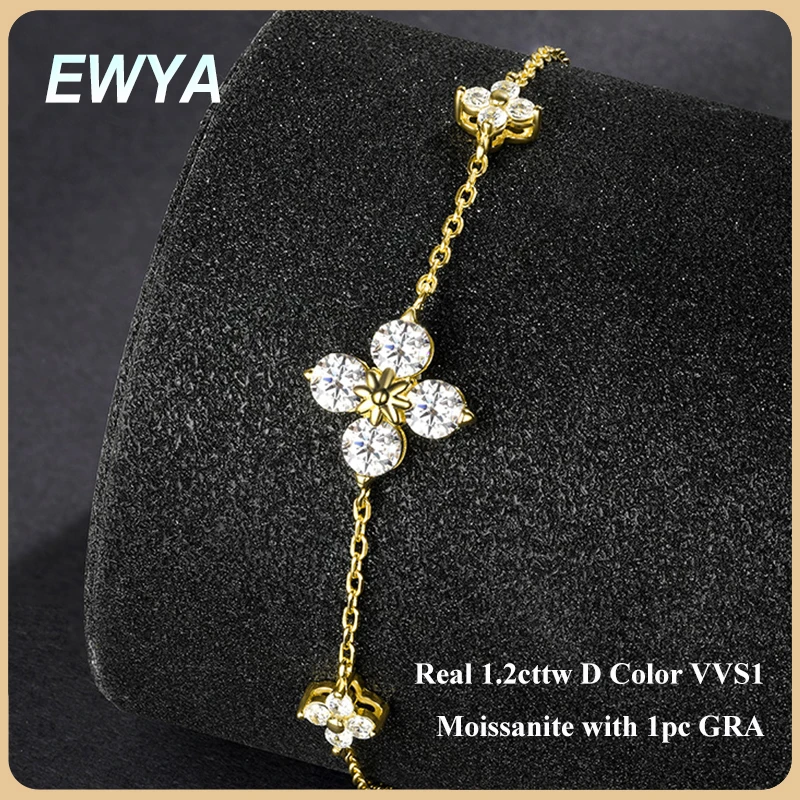 

EWYA Clover GRA Certified 1.2cttw Moissanite Diamond Link Bracelet for Women 925 Silver Plated 18k Gold Hand Chain Bracelets