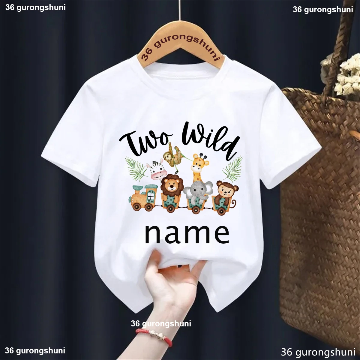 

Custom Name Two/One Wild Zoo Animals Printed Tshirt Girls/Boys Birthday Gift Kids Clothes Monkey Elephant Lion Giraffe T-Shirt